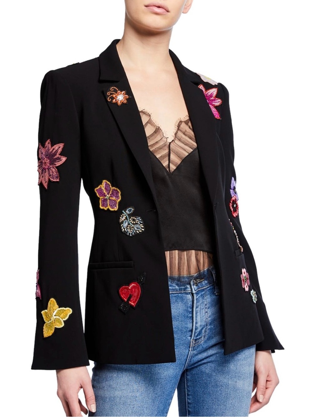 cinq a sept Black Embellished Blazer with Multicolor Floral Appliqués